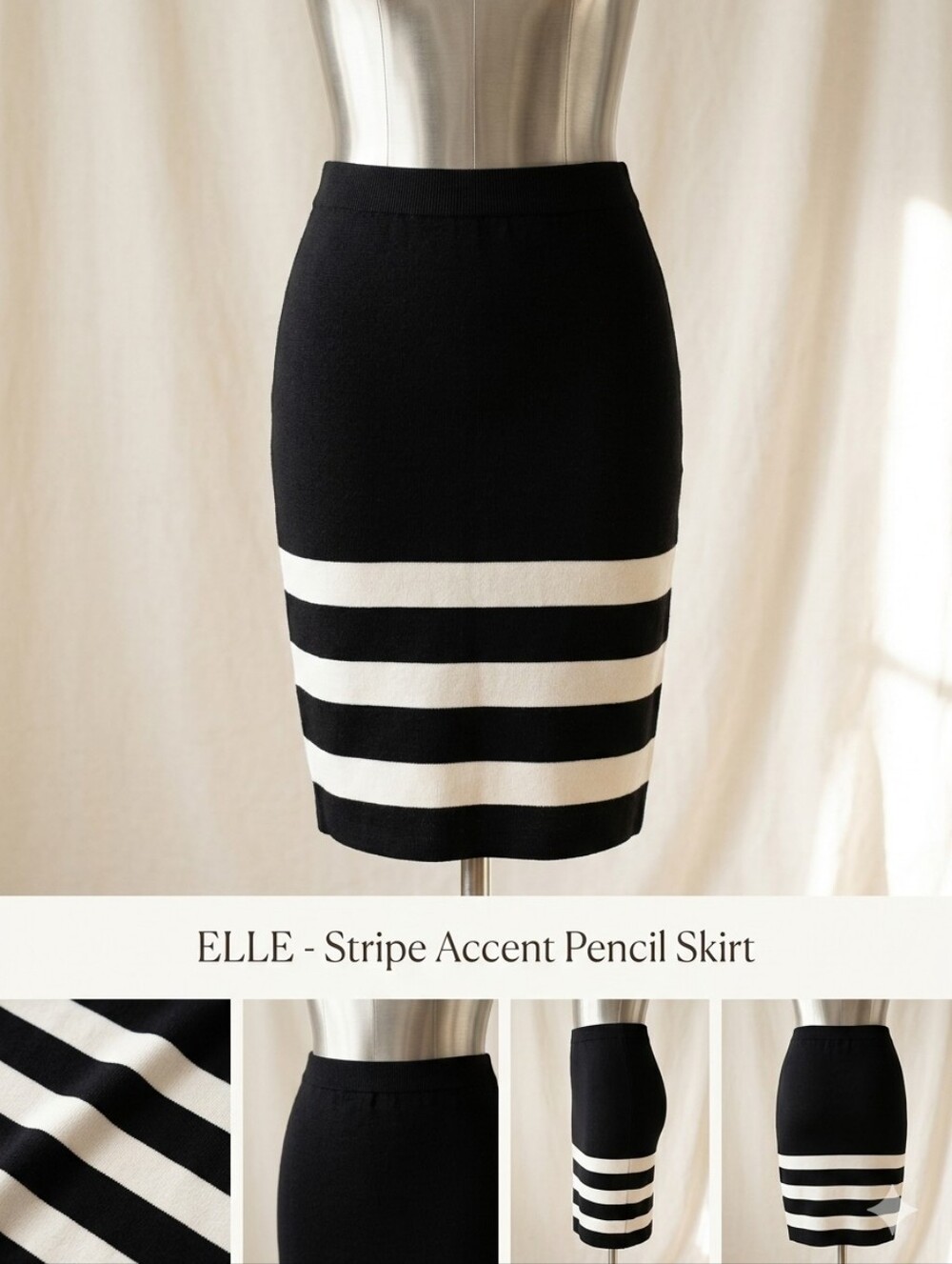 Elle Stretchy Black White Stripe Dressy Career Neutral Midi Pencil Skirt
